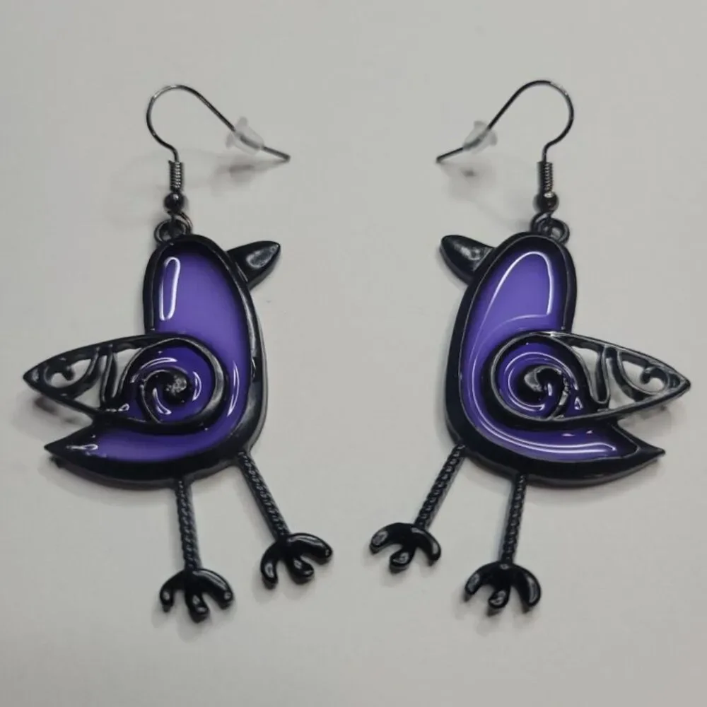 NWT 1970s Vintage Style Royal Purple Translucent Stained Glass Bird Earrings